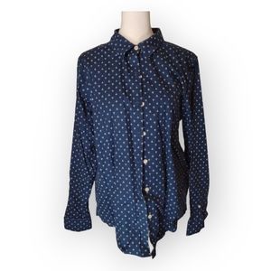 LL Bean Button Up Shirt Medium Women Wrinkle Free Blue White Dots Long Sleeve